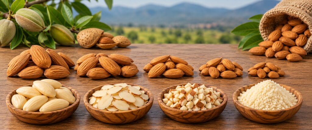 Almond grades and sizes with whole, blanched, sliced, diced and ground almonds