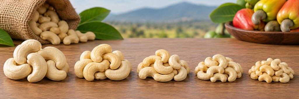 Cashew grades W180, W210, W240, W320 and W450 showing different kernel sizes