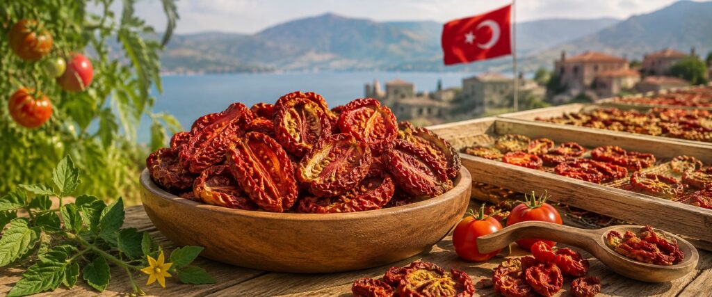 Wholesale sun-dried tomatoes from Turkey displayed with fresh tomatoes and traditional sun-drying trays.
