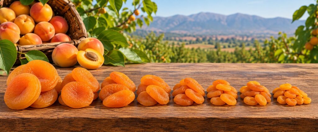 Turkish dried apricot sizes 1 to 8 arranged from largest to smallest, showing differences in fruit size and grading