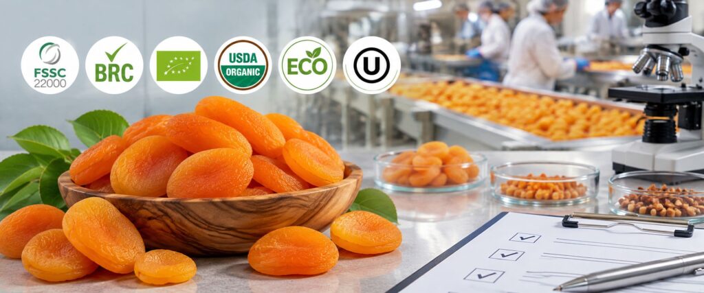 Food safety certifications for nuts and dried fruits, showing dried apricots, quality testing, laboratory inspection and certification standards