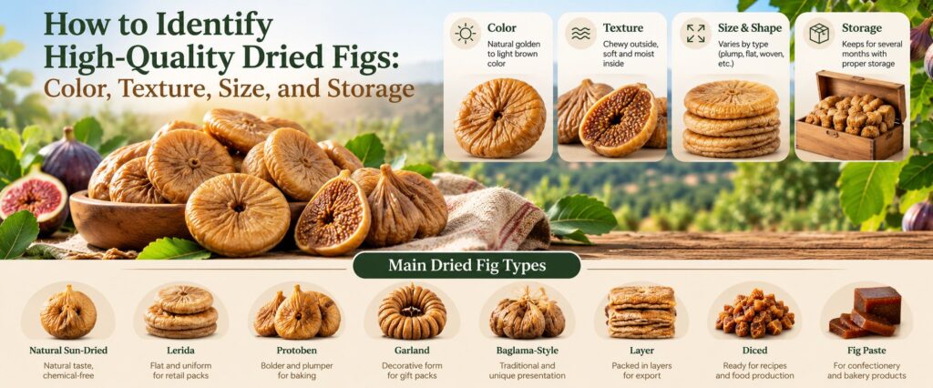 High-quality Turkish dried figs showing natural color, soft texture, different sizes, shapes and varieties, with storage and quality identification tips